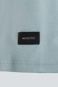 Close-up of MANITO logo detail on MANITO Comfy Men's Cotton Silk Crew-Neck Short Sleeves T-Shirt.