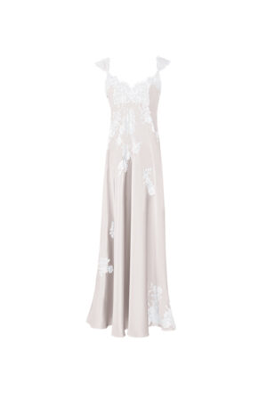 The Windy Women's Silk Nightdress in Icing pink, a versatile sleepwear piece with an intricate lace-trimmed V-neck.