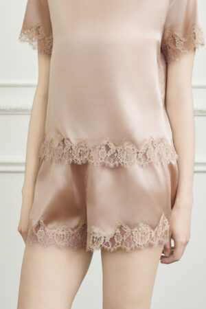 Lower-body view of a female in the Windy Women's Silk Short-Sleeve Pajama Set, soft silk bringing a relaxed look.